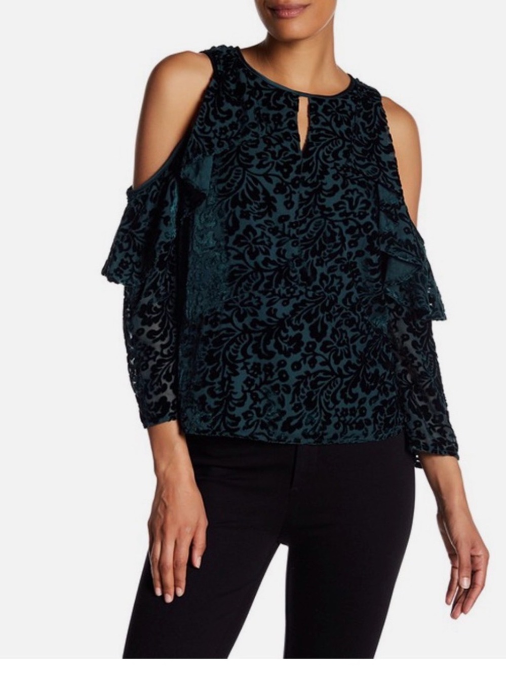 Nanette Lepore Dark Green Velvet Burnout Floral Top